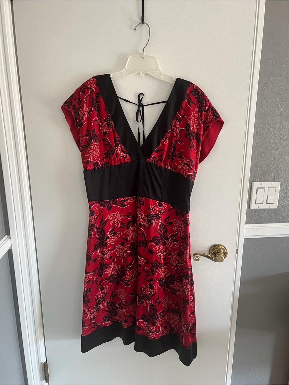 bebe Red and Black Floral V-Neck Fit-and-Flare Dress